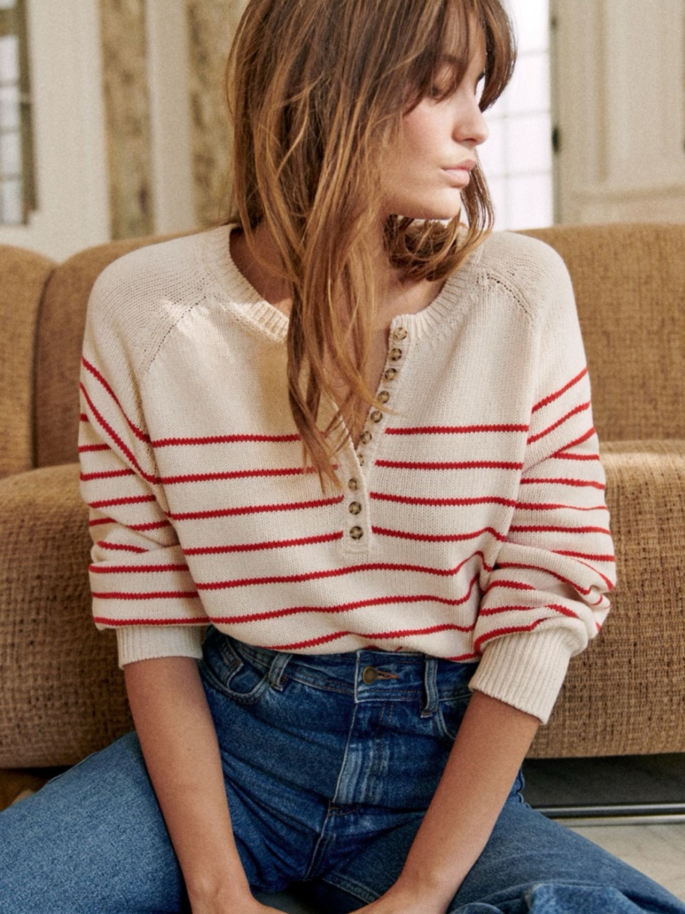 Sezane Cream Sweater with Red Stripes - V-Neck Henley